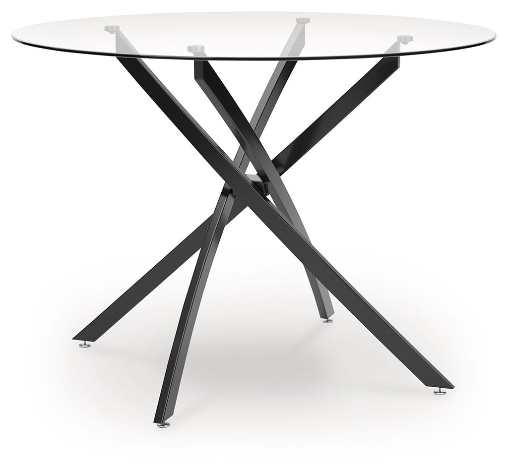 Round dining table with clear glass top and black X-cross metal base