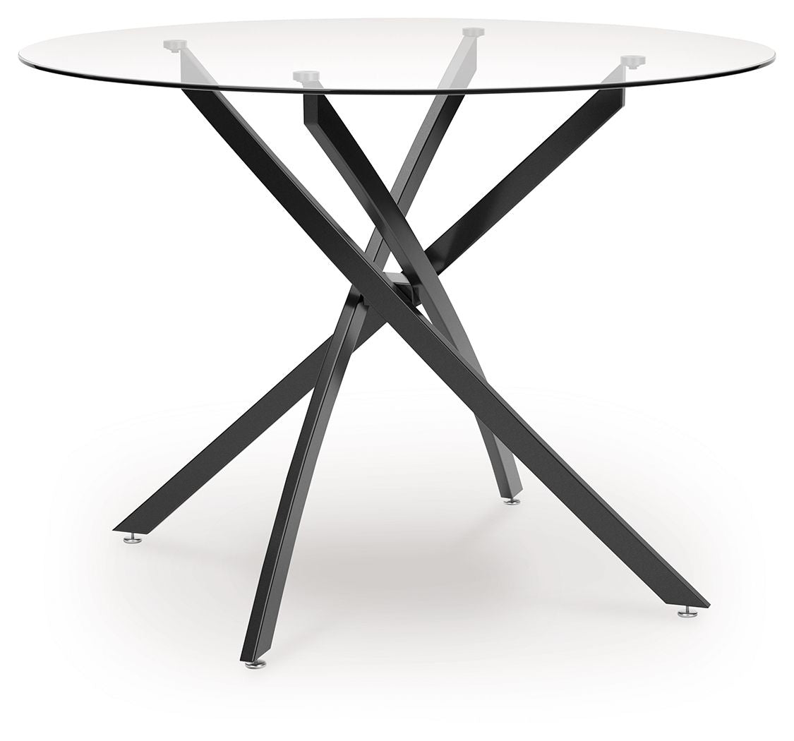 Round dining table with clear glass top and black X-cross metal base