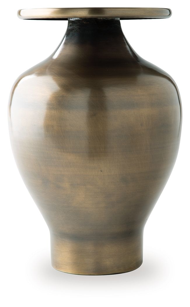 Bronze metal vase with rounded belly and flared base, dark patina finish, wide open top.