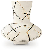 Cream ceramic vase with black and brown geometric line pattern, wide flared base.
