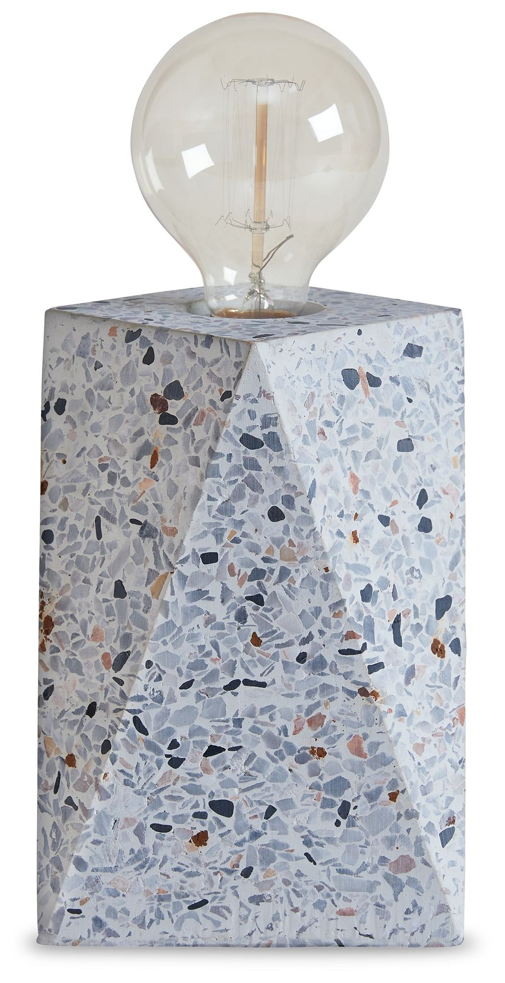 White terrazzo concrete table lamp with globe bulb on square base