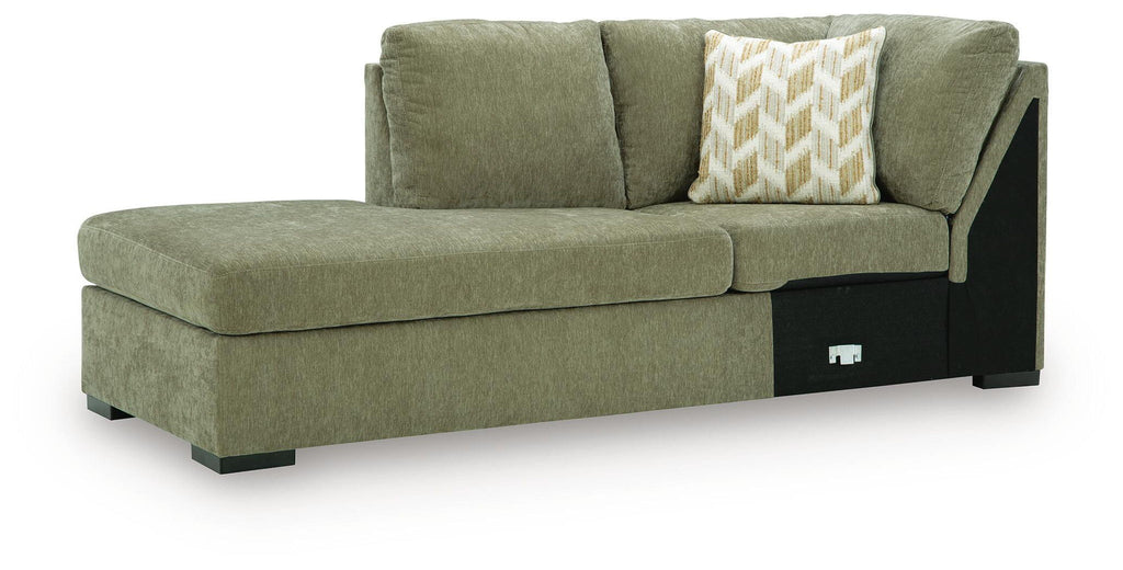 Moss green left-arm corner chaise with beige pattern pillow and dark side arm