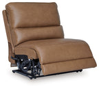 Caramel power armless recliner with adjustable headrest, front corner view, exposed base.