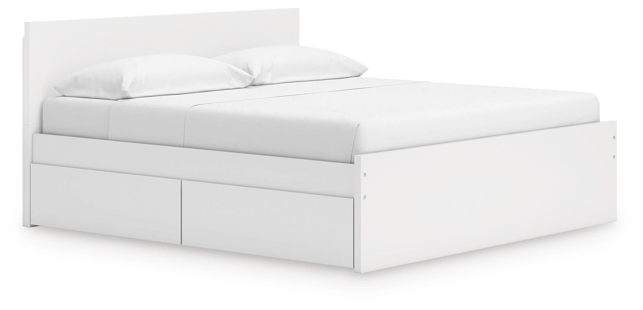 White panel platform bed with underbed drawers and a tall headboard, includes slat support