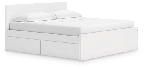 White panel platform bed with underbed drawers and a tall headboard, includes slat support
