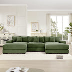 Green modular corduroy sectional sofa with wide chaise and three back cushions