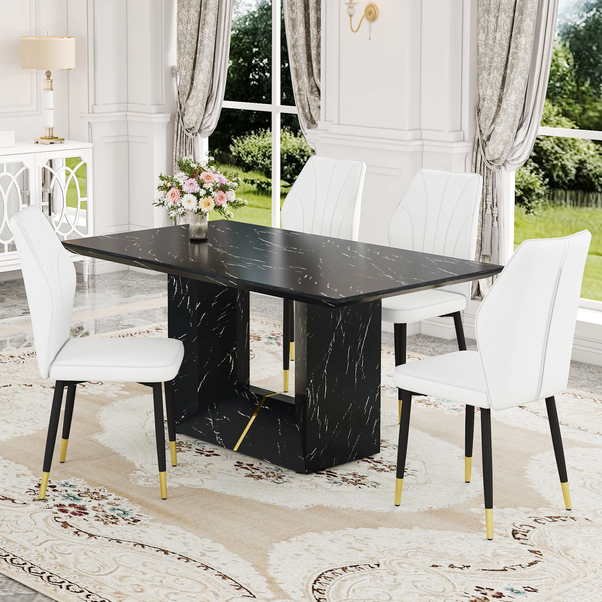 Black Marble Dining Set w/ 4 White Chairs