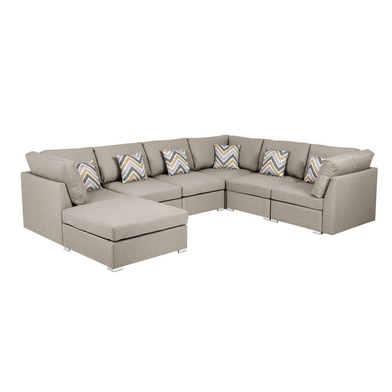 Amira - Reversible Modular Sectional Fabric Sofa With Ottoman And Pillows - Beige