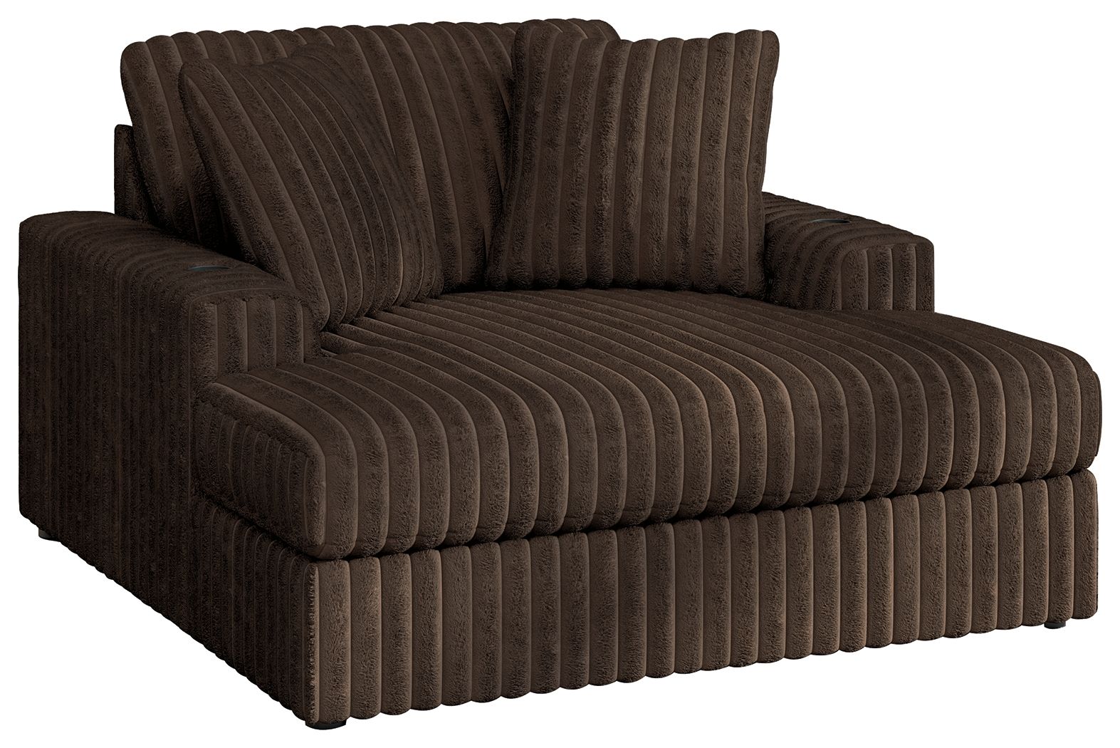 Oversized chaise with ribbed dark brown fabric, low arms and thick contoured seat.