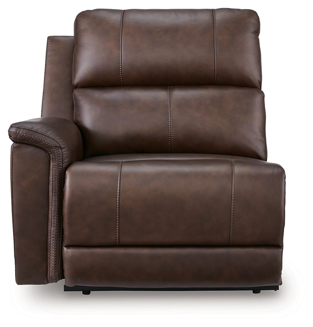 Espresso power recliner with tall backrest, padded arm panel, and seat