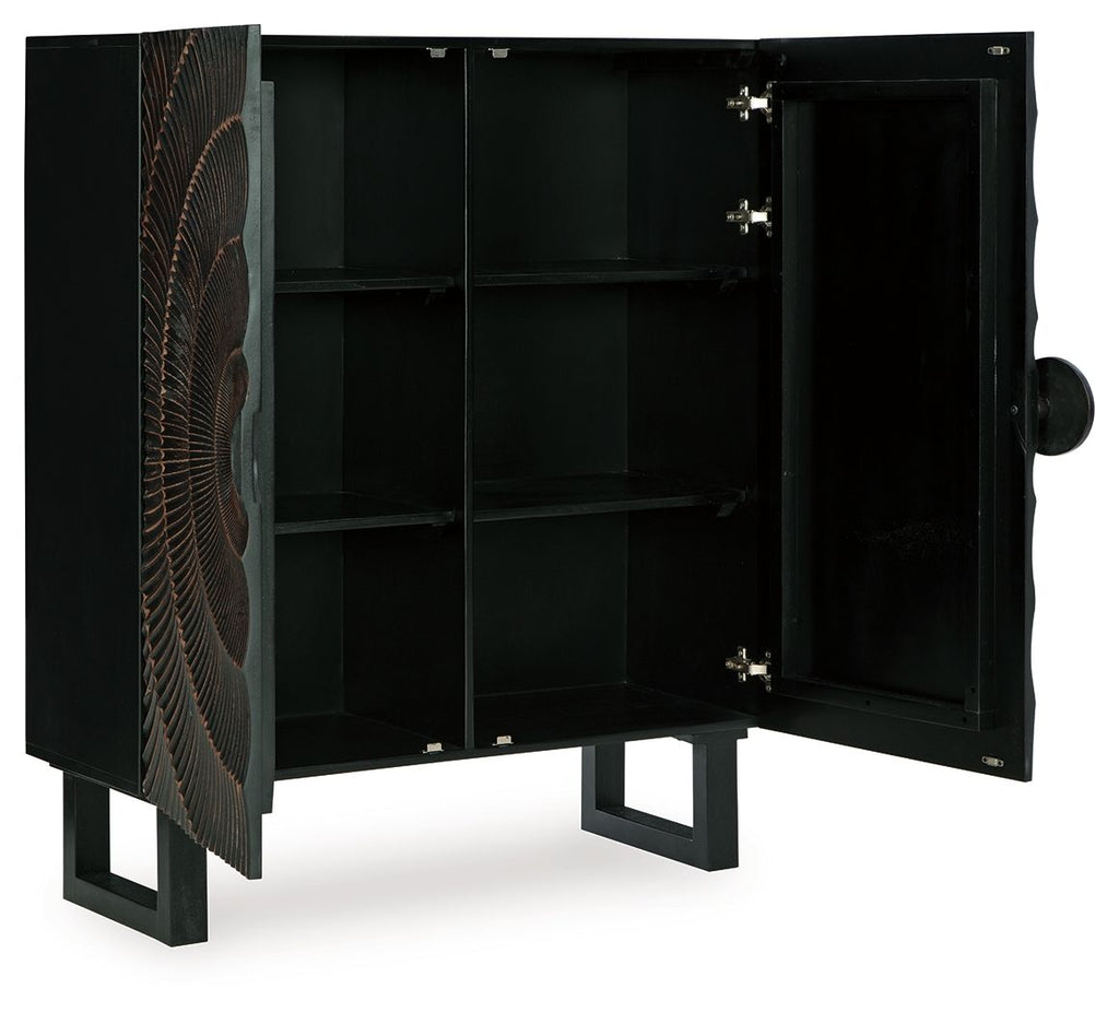Accent cabinet with open doors revealing dark interior and adjustable shelves