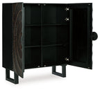 Accent cabinet with open doors revealing dark interior and adjustable shelves