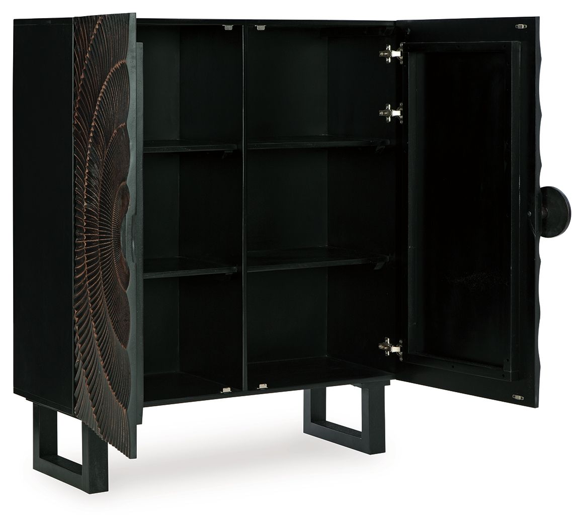 Accent cabinet with open doors revealing dark interior and adjustable shelves