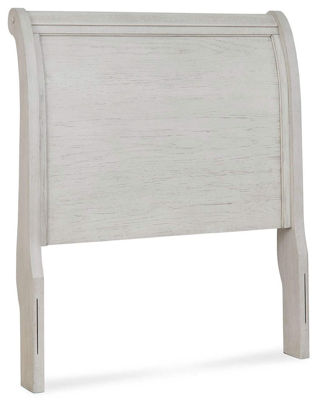 Twin sleigh headboard in antique white with tall arched top and vertical paneling