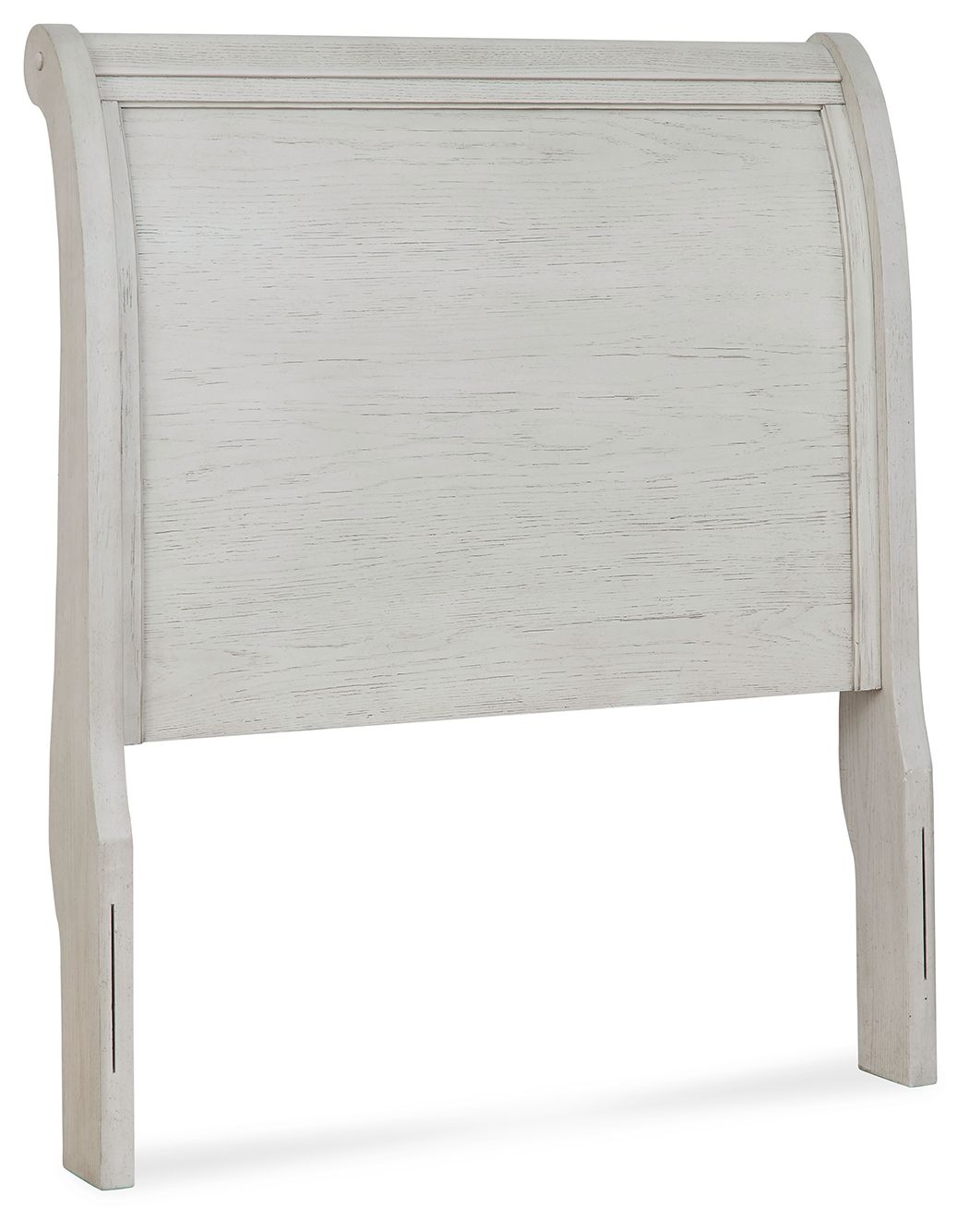 Twin sleigh headboard in antique white with tall arched top and vertical paneling