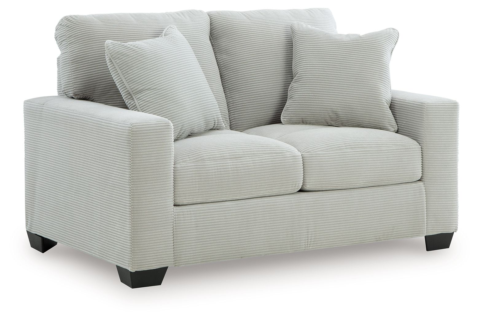 Upholstered loveseat with two seat cushions and three striped throw pillows, light fabric