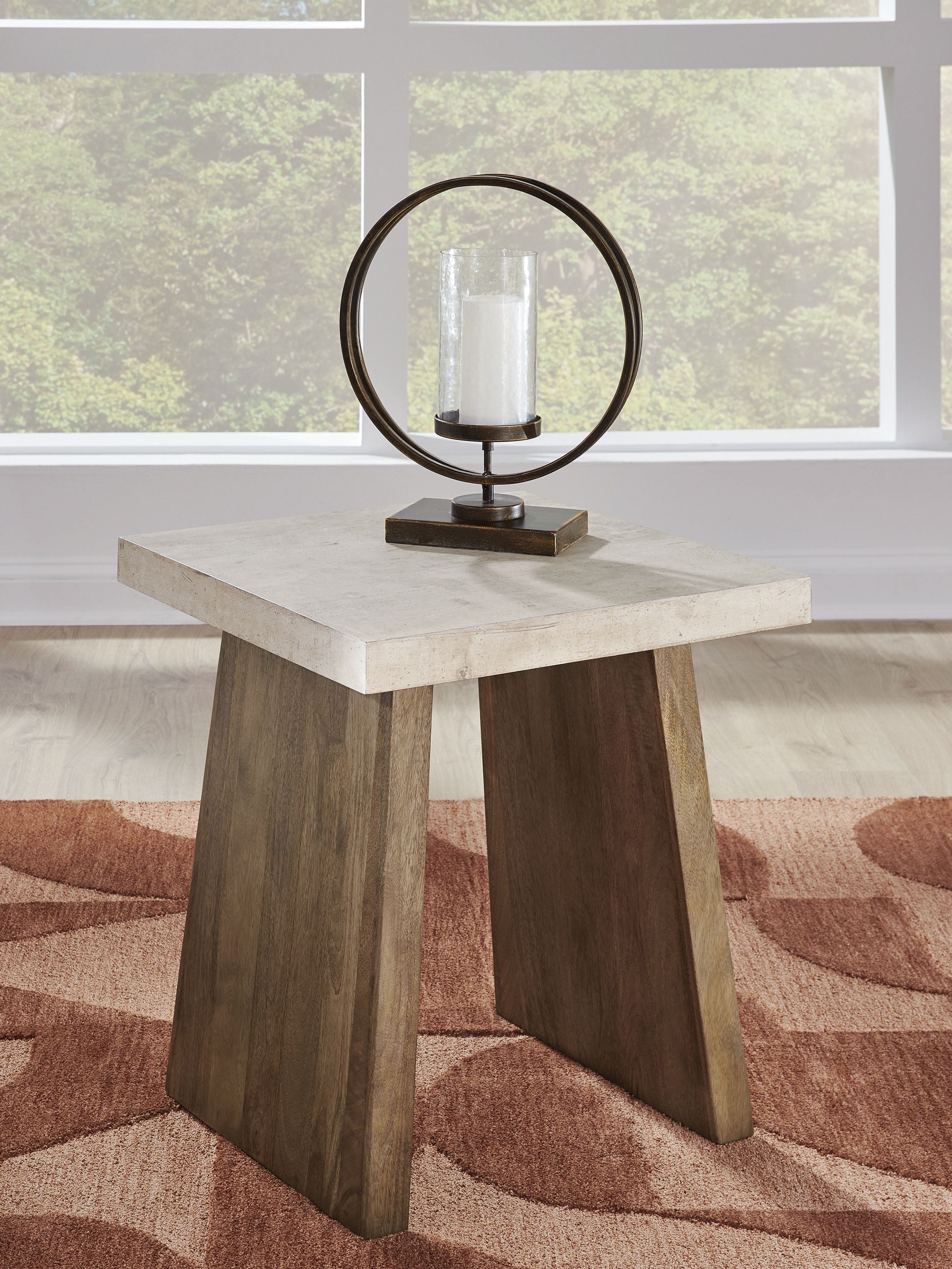 Rectangular table with concrete-look top and light brown wood sides