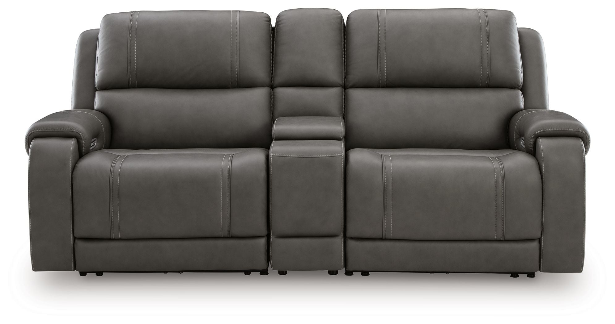 Charcoal power reclining loveseat with three seat sections, padded arms, and reclining footrests