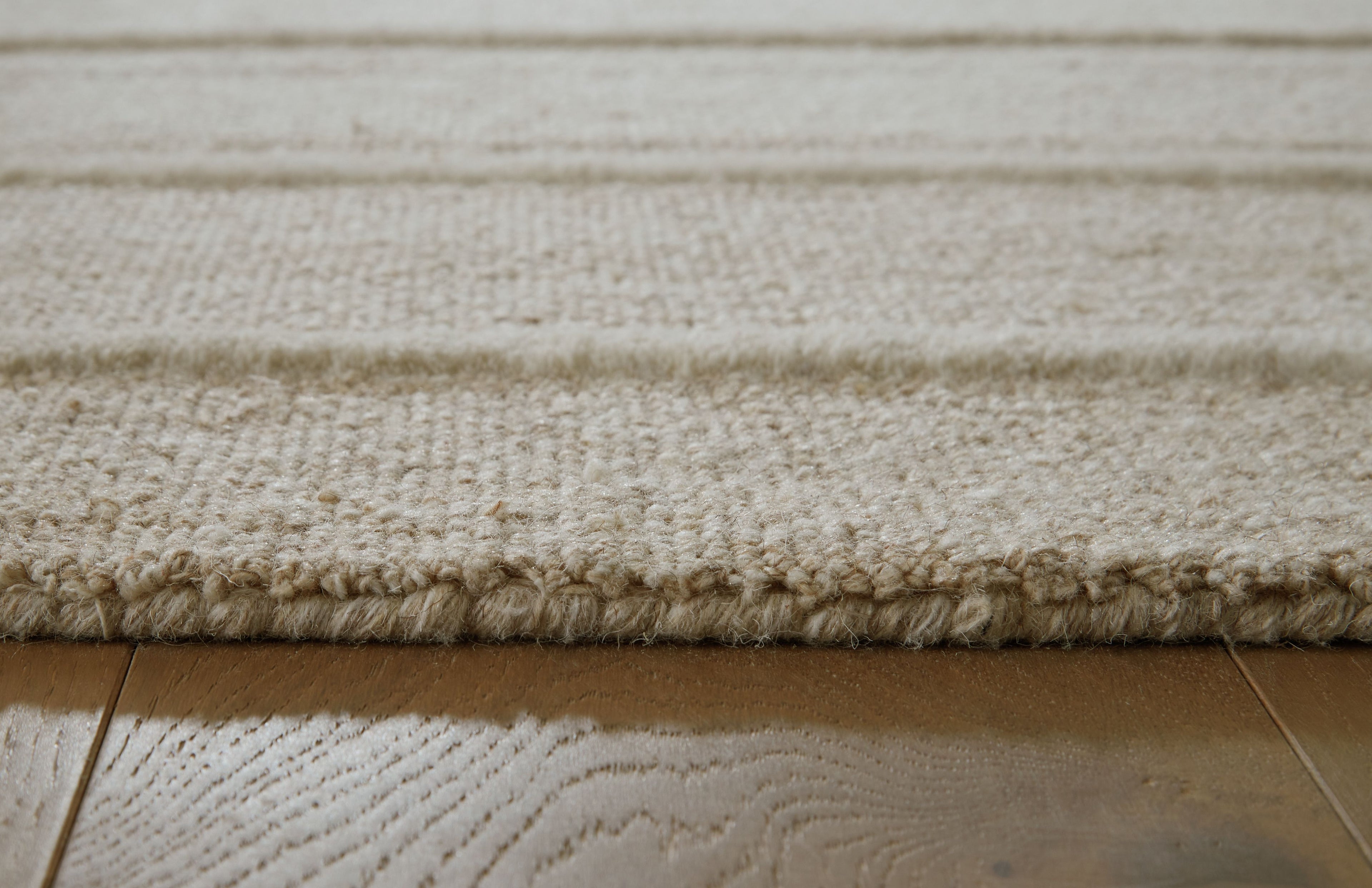 Beige rug pile close-up with textured weave and light border line