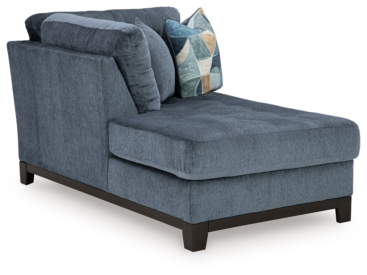 Navy left corner chaise sofa with angled arm and geometric throw pillow, dark legs