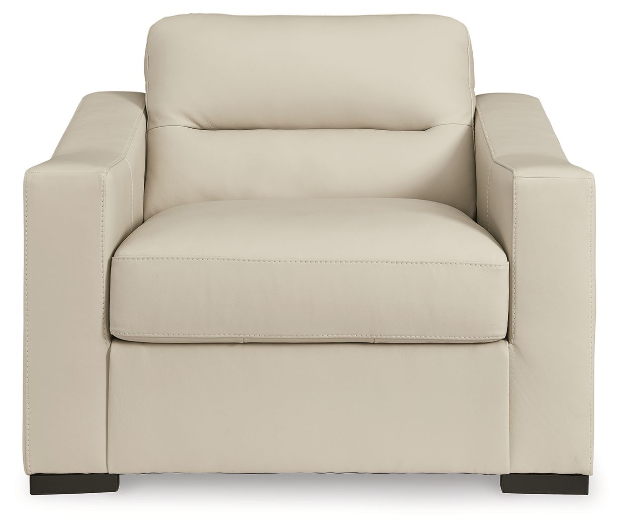 Almond upholstered armchair with high backrest, padded seat, and dark legs