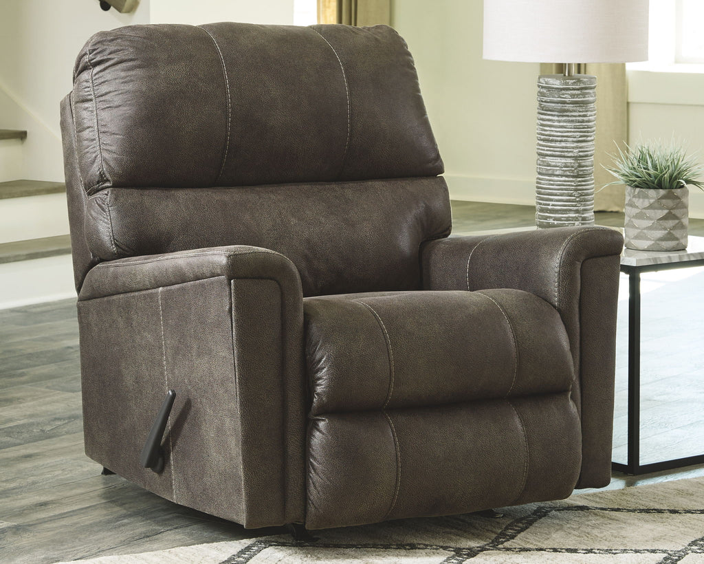 Smoke rocker recliner chair with tall back, padded arms, and recline lever