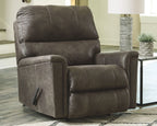 Smoke rocker recliner chair with tall back, padded arms, and recline lever