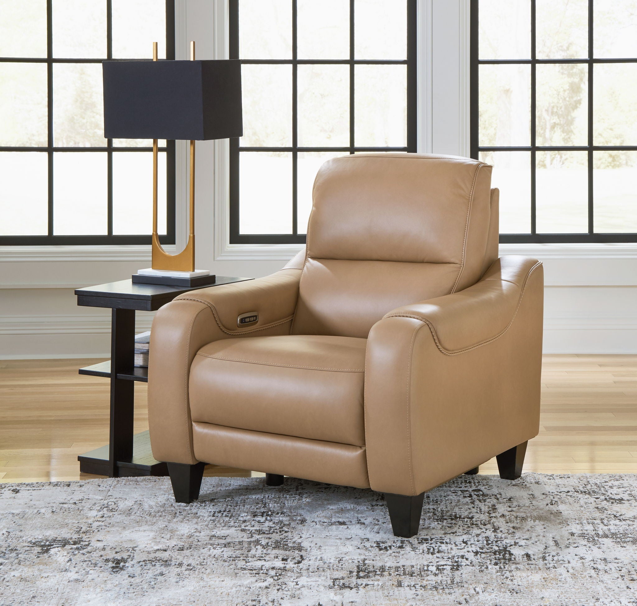 Toffee power recliner with adjustable headrest, reclined seat and supportive arms