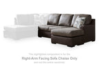 Right-arm facing sofa chaise section in dark brown upholstery, with two throw pillows
