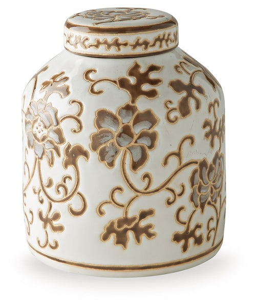 Adalham ceramic jar with lid, cream and brown floral scroll pattern.