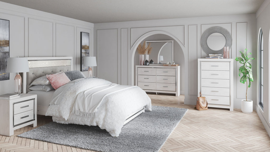 Panel bedroom furniture set with bed, nightstands, dresser, and mirror, white.