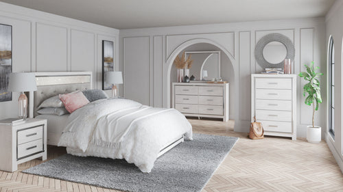 Panel bedroom furniture set with bed, nightstands, dresser, and mirror, white.