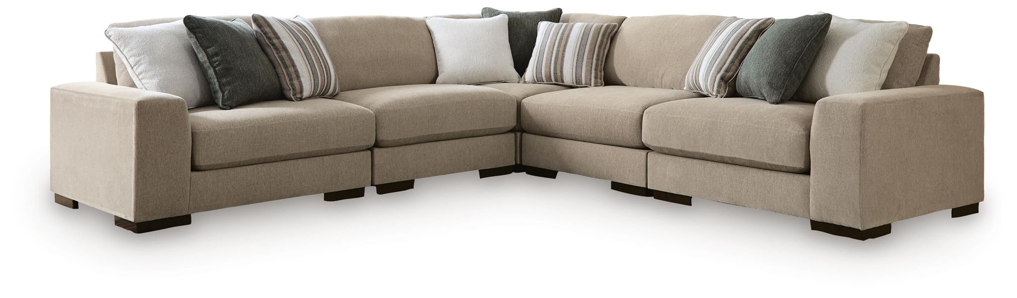 Light brown corner chaise sectional sofa with dark gray pillows and striped cushions