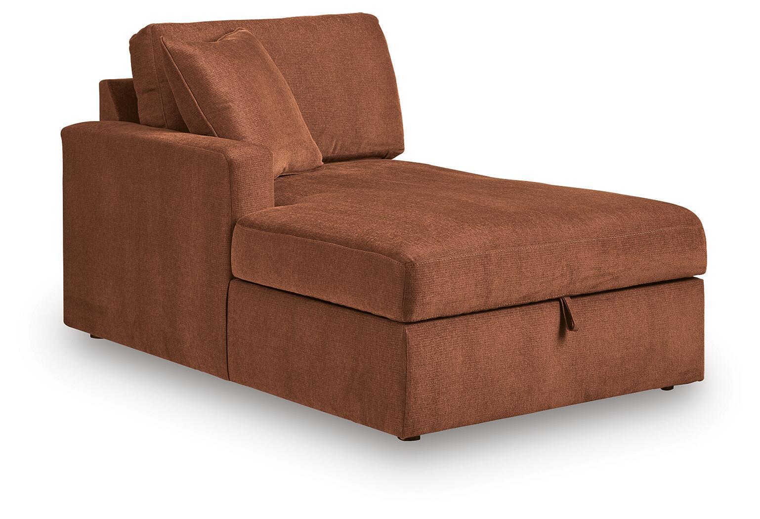 Brown corner chaise with storage, curved track arms and two back cushions