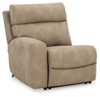 Sand fabric power recliner chair with padded arms and headrest