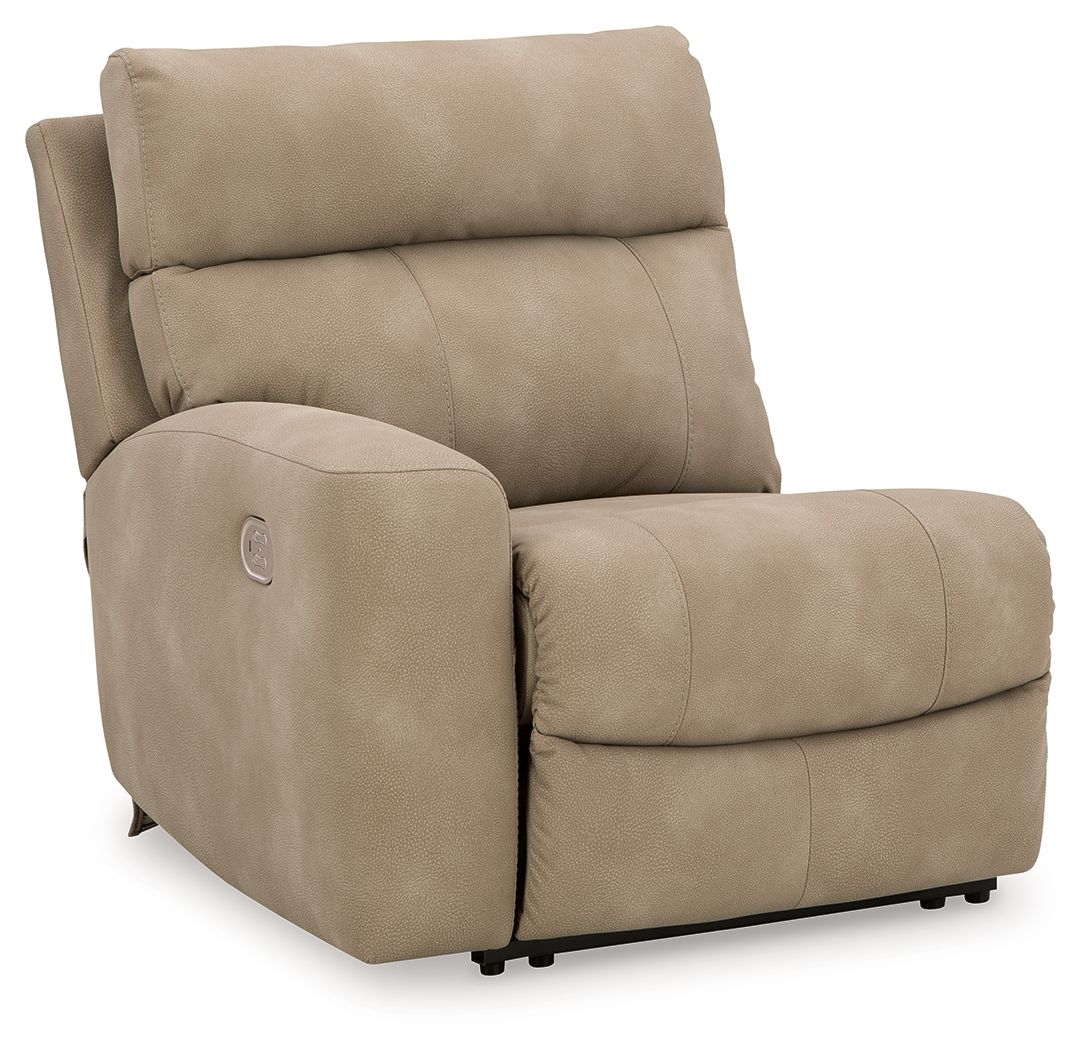Sand fabric power recliner chair with padded arms and headrest