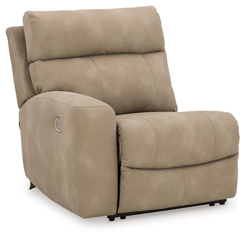 Sand fabric power recliner chair with padded arms and headrest