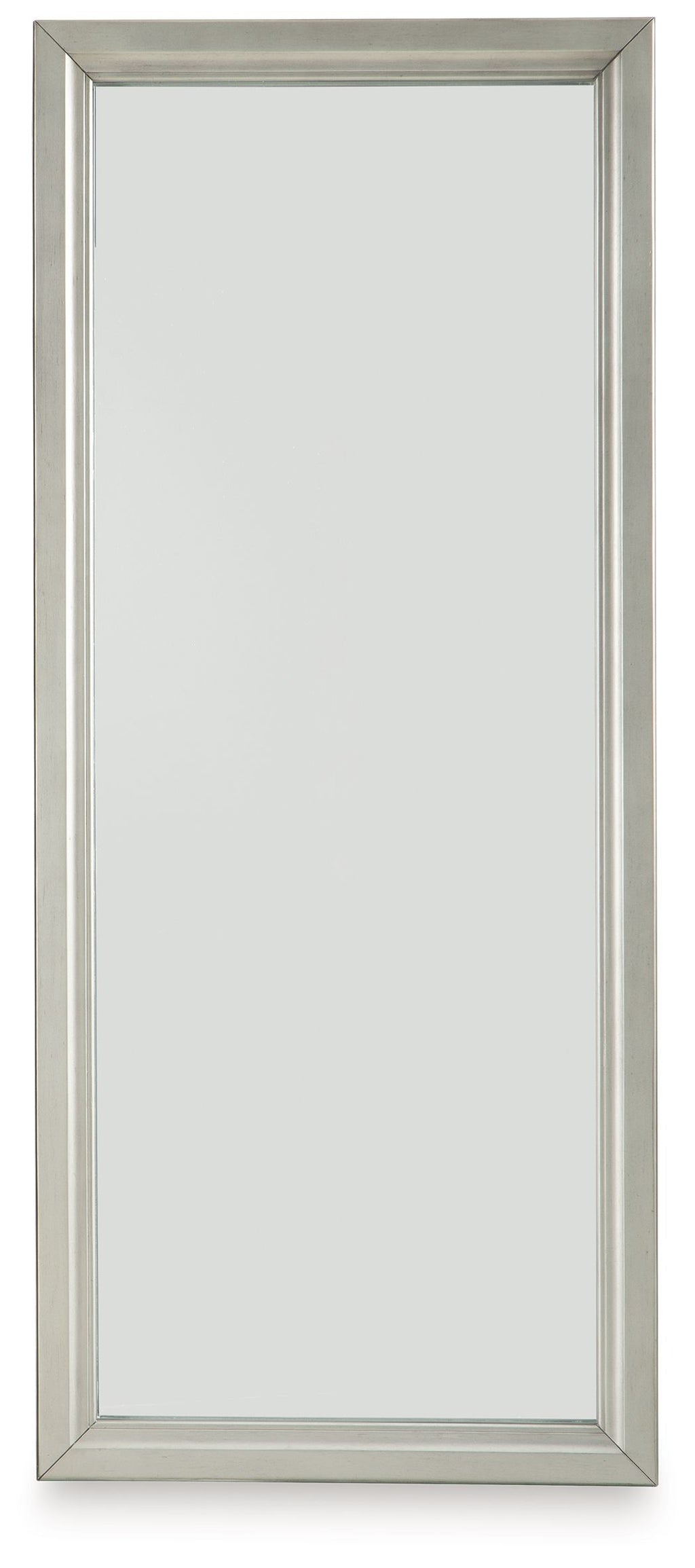 Champagne full-length floor mirror with slim metal frame and stand supports.
