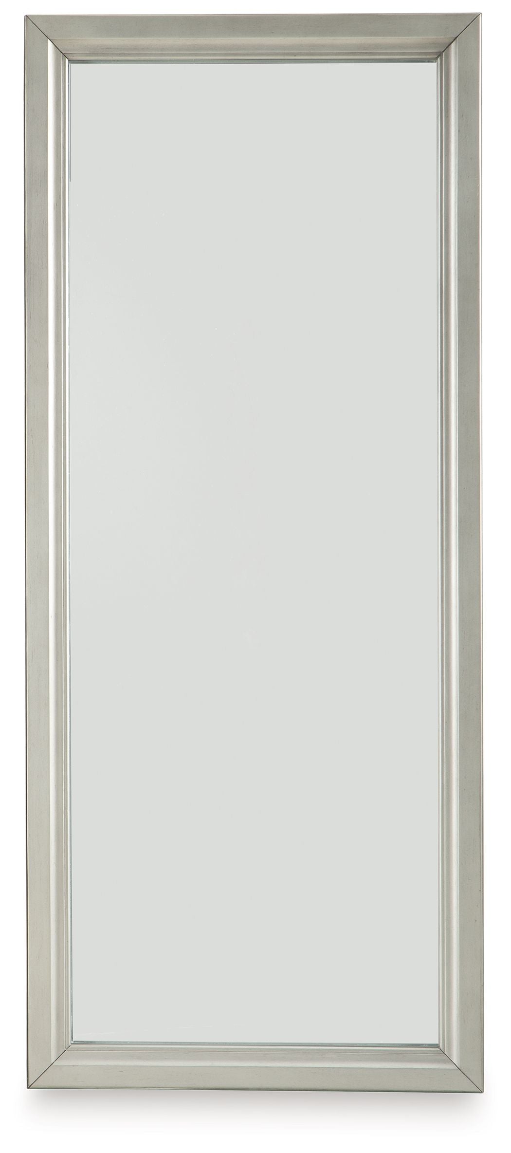 Champagne full-length floor mirror with slim metal frame and stand supports.