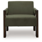 Green accent chair with square arms, tufted back, and thick padded seat