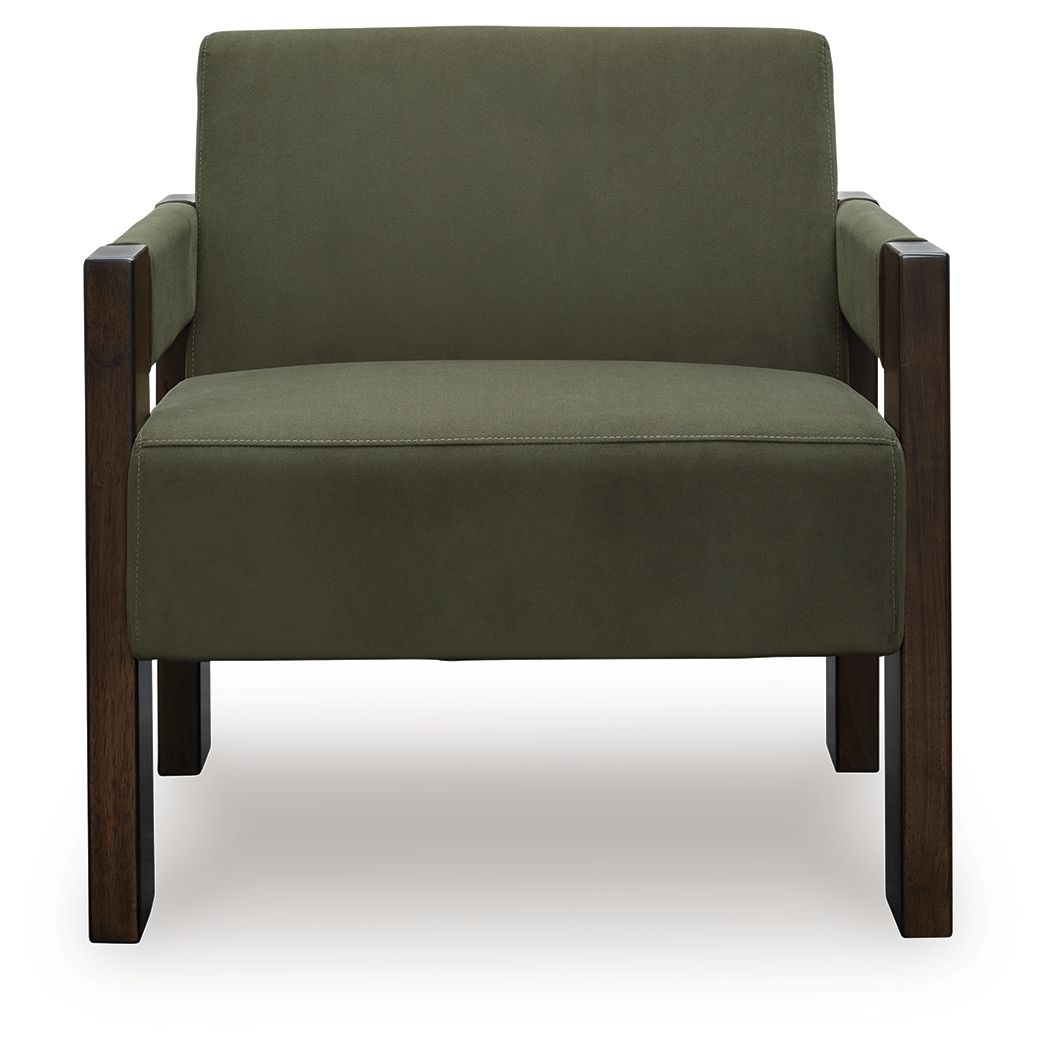 Green accent chair with square arms, tufted back, and thick padded seat