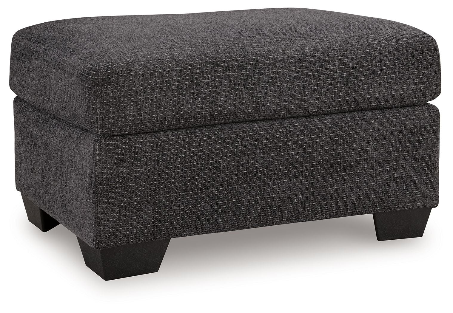 Dark gray fabric ottoman with square upholstered top and black block legs