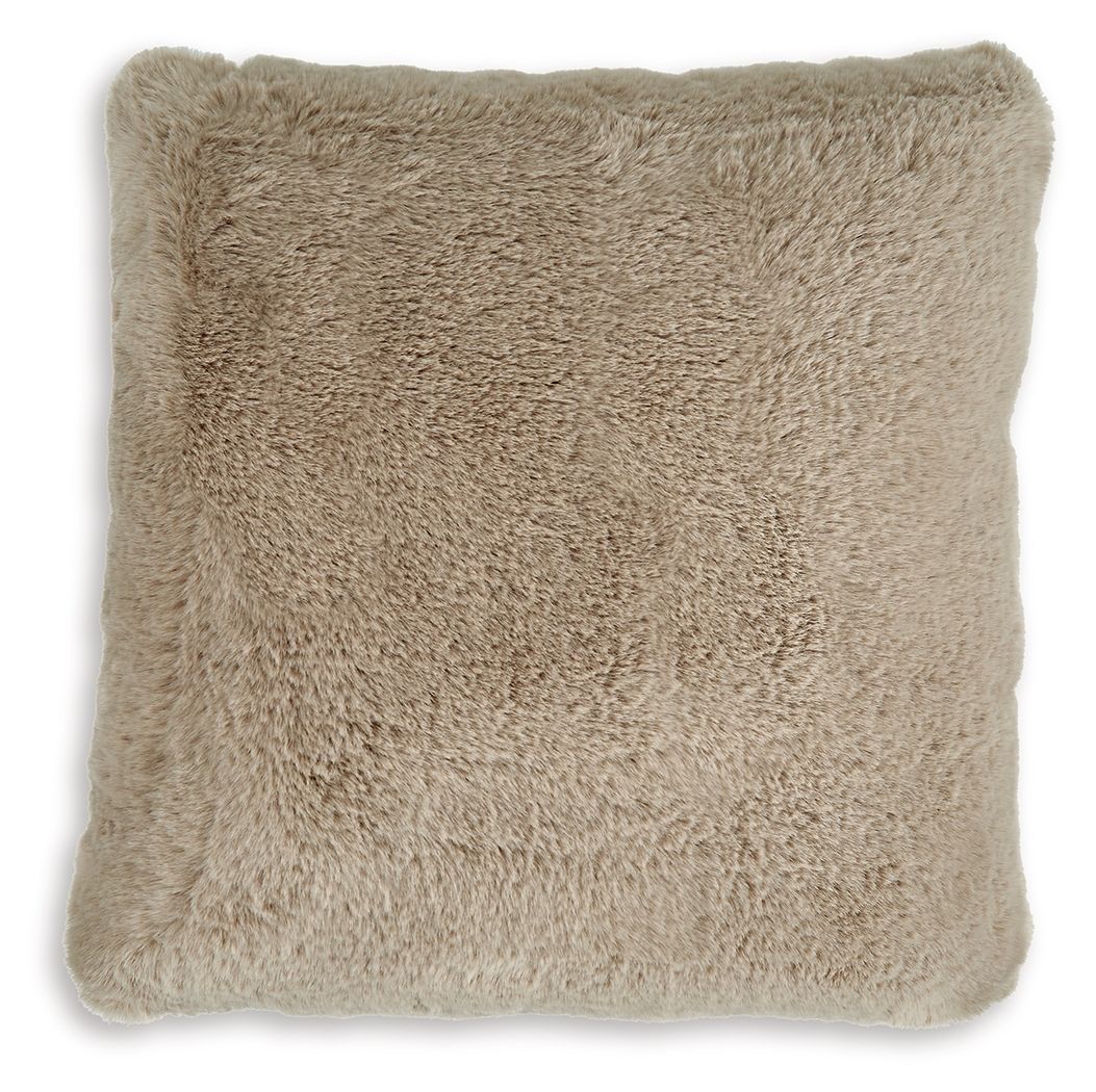 Light brown faux fur pillow, square with plush shag texture.