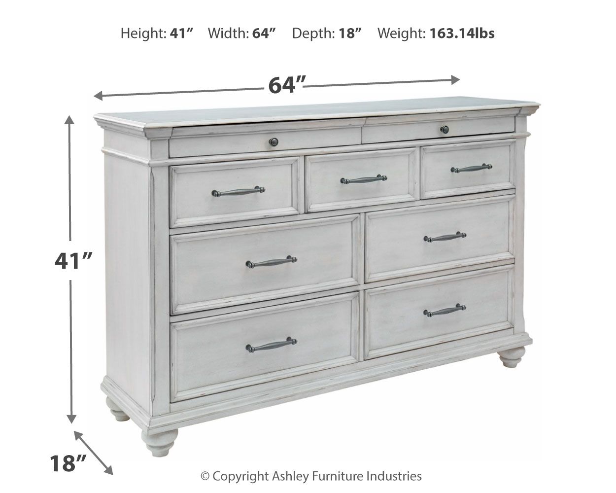 Whitewash dresser with six drawers, metal bar pulls, and turned legs