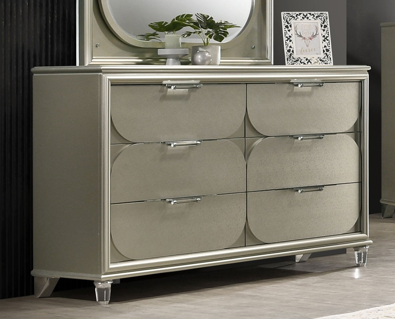 Contemporary Silver 6-Drawer Dresser - Acrylic Handles