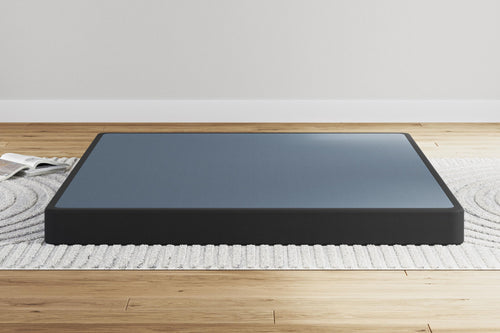 Low-profile foundation mattress with blue-gray top and black base