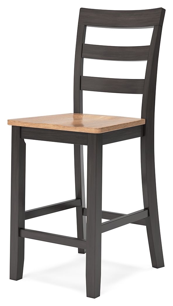 Grey-brown wooden barstool with slatted back and square wood seat.