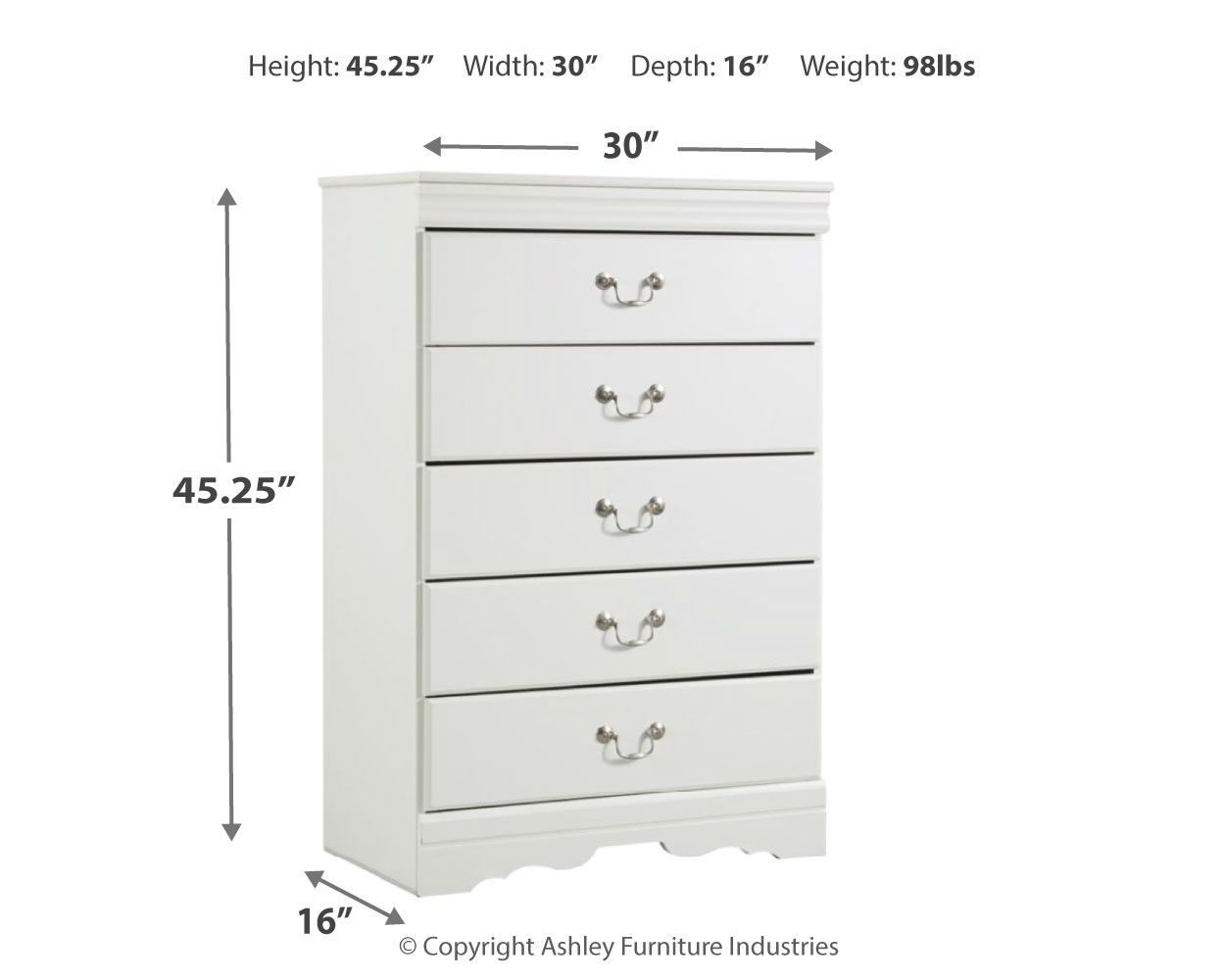 White five-drawer chest from the front with scalloped bottom and drawer pulls.