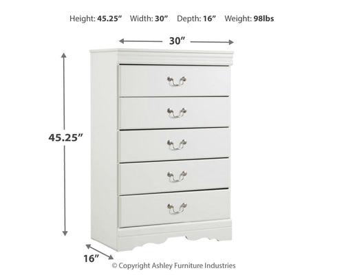 White five-drawer chest from the front with scalloped bottom and drawer pulls.