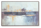 Abstract blue, white, and tan wall art with layered horizontal shapes and brushstrokes.